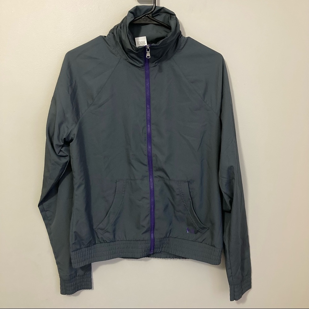 Medium Under Armour Women’s Active Jacket, Gray with Purple Zipper, semi-fitted